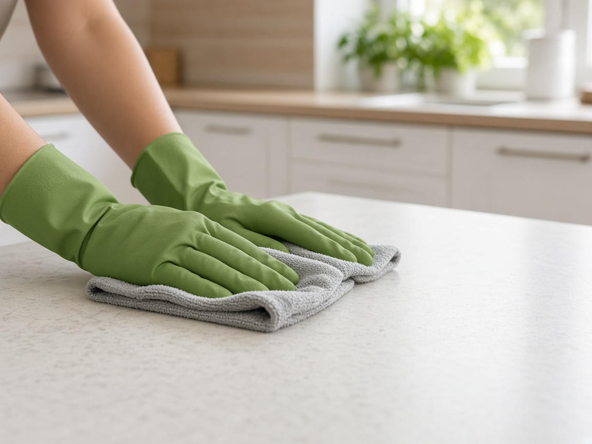 Hands in green gloves cleaning a countertop