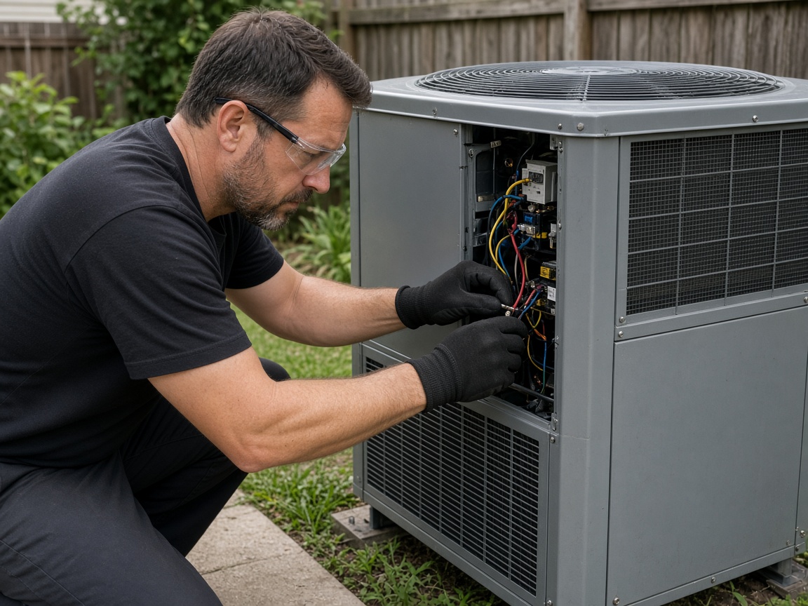 HVAC technician servicing an outdoor AC unit