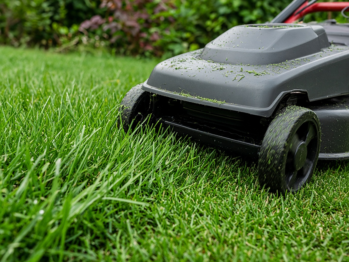 Lawnmower cutting green grass
