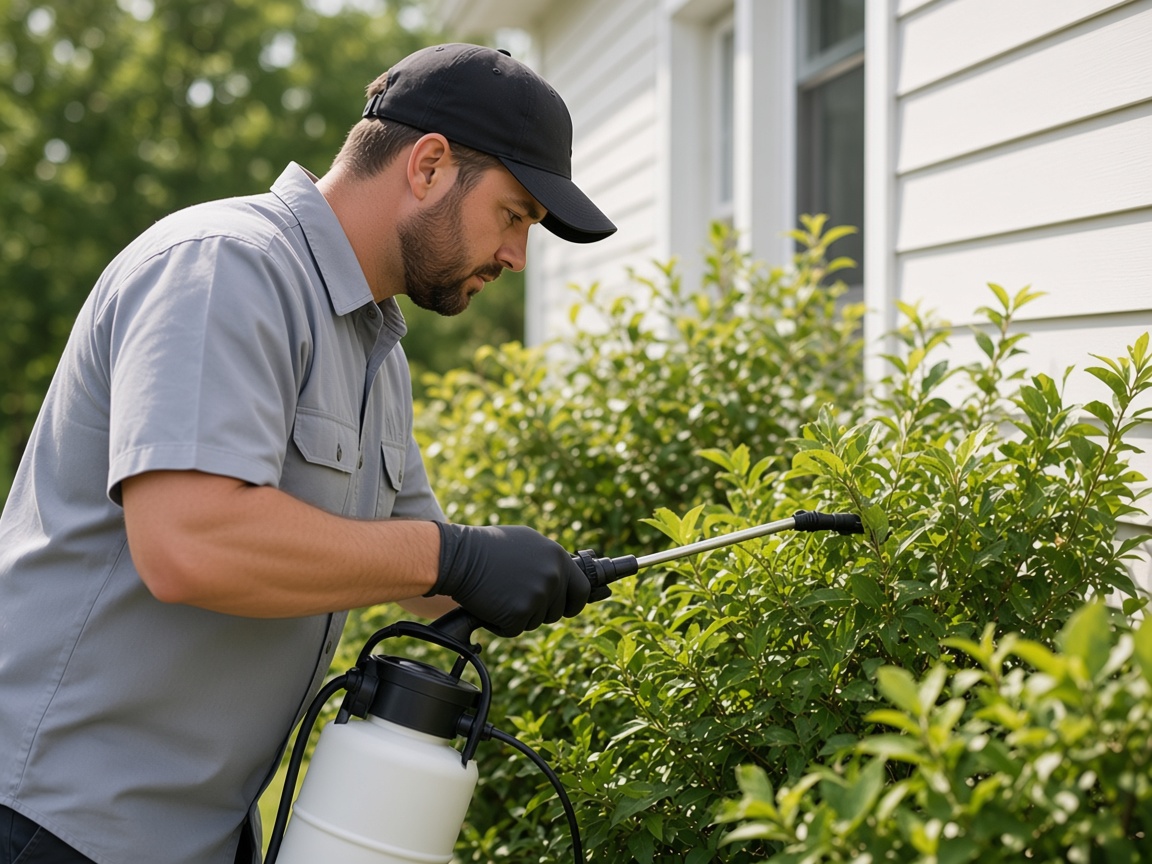 Pest control technician spraying outdoor greenery