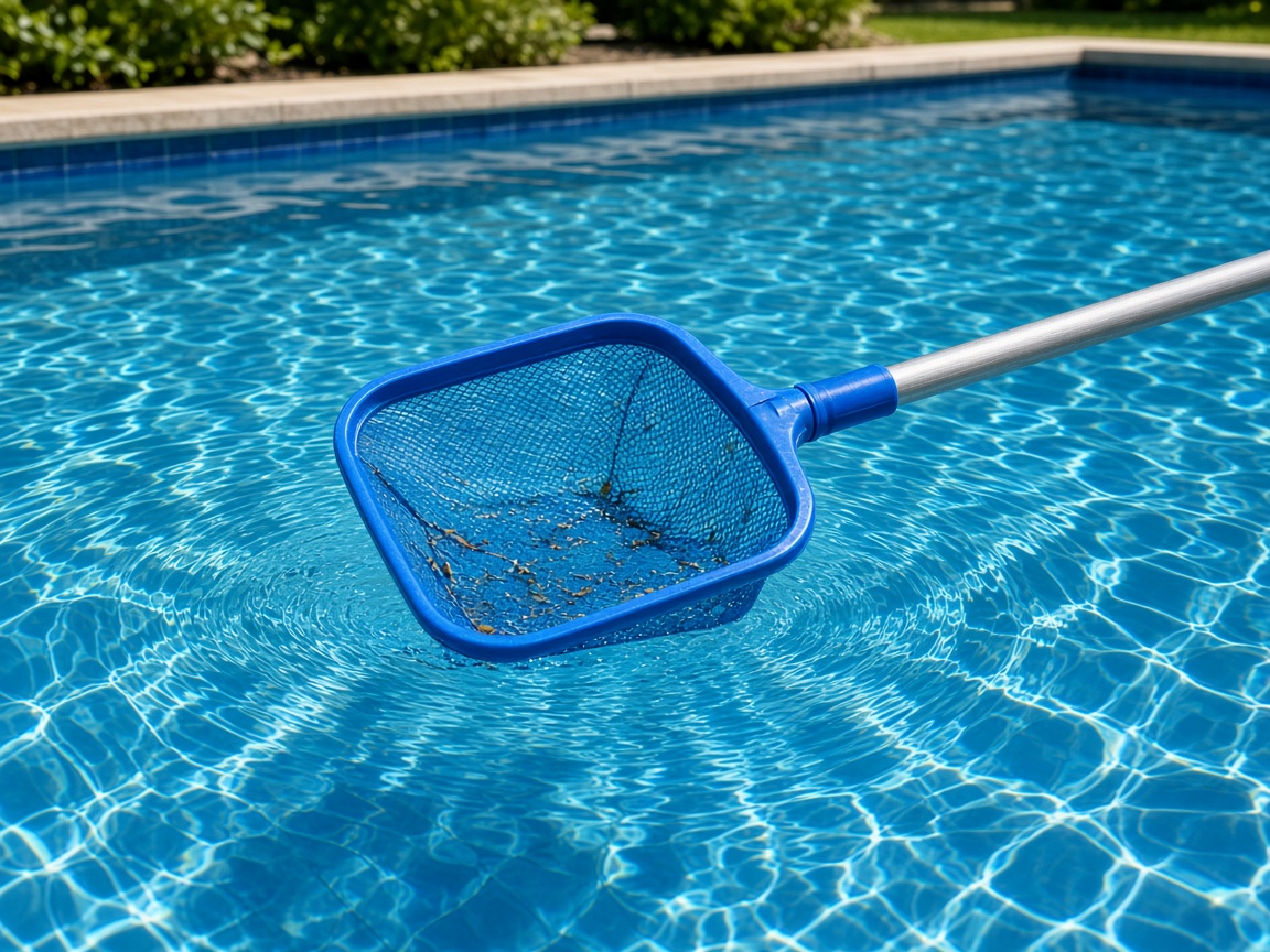Pool skimmer net on clear blue water